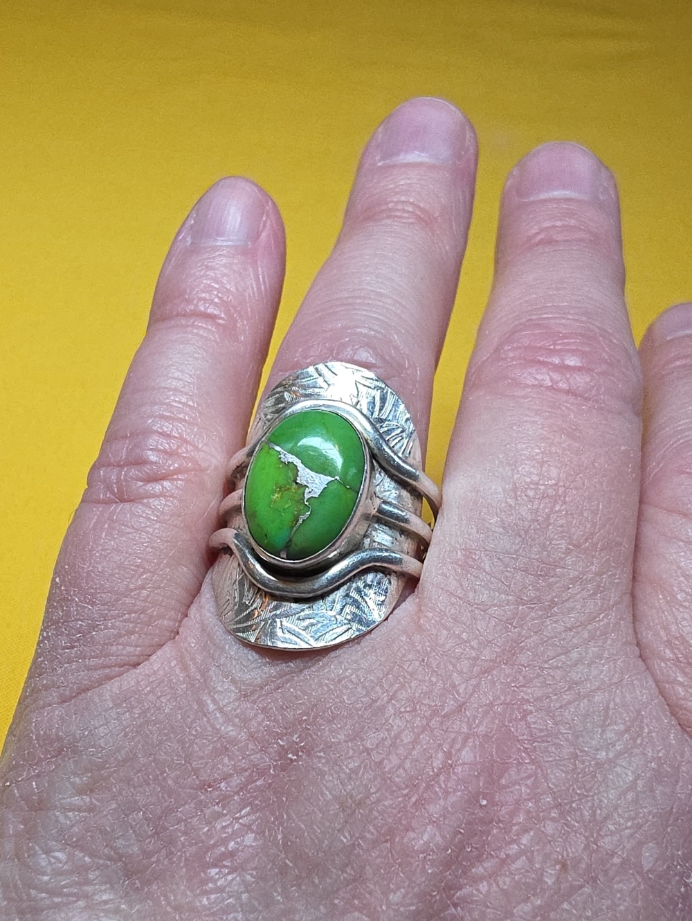 Vintage 925 India- Hand Stamped Shield Ring - Green Copper Turquoise Cabochon